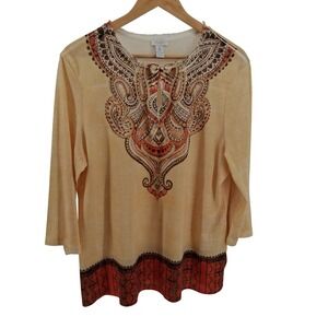 Chicos Womens Size 3 XL‎ Blouse Top Orange Brown Paisley Embellished Boho Bling